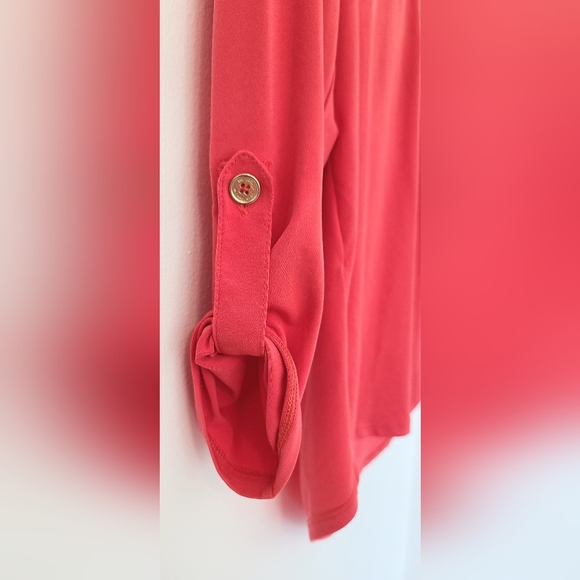 Michael Kors Coral Orange Quarter Zip Rolltab sleeve Blouse - Picture 2 of 8